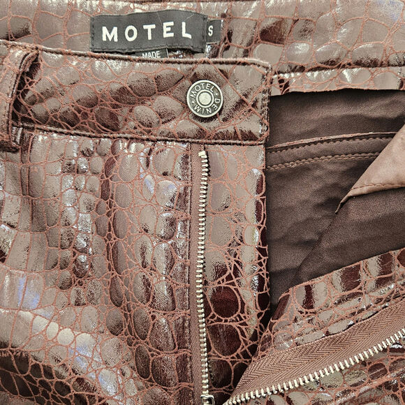 Motel Rocks Zoven Flare Trouser in Croc PU Brown Size Small Chocolate Brown - Picture 9 of 11